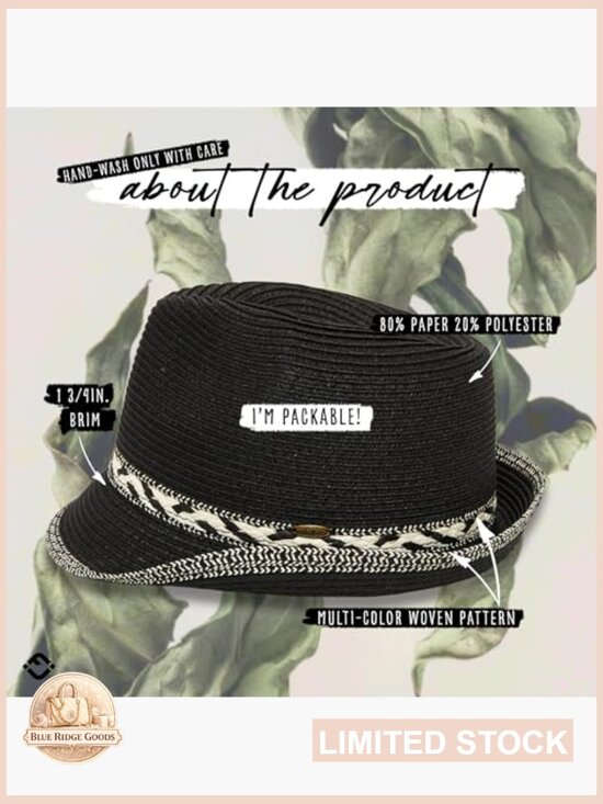 Straw Fedora Hat UPF 50+ Sun Protection Short Brim Packable Beach Hat Woven main image 5